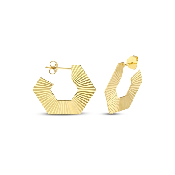 Angled Corrugated Open Hoop Earrings 14K Yellow Gold