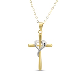 Cross with Heart Necklace 14K Two-Tone Gold 18"