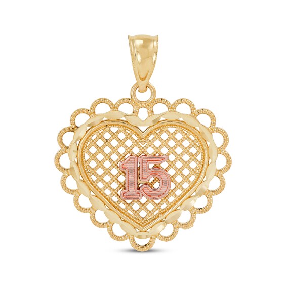 Diamond-Cut Quinceañera Heart Charm 14K Two-Tone Gold