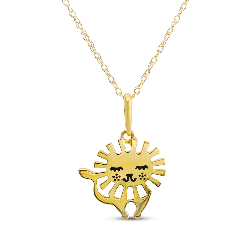 Children's Black Enamel Lion Necklace 14K Yellow Gold 13"