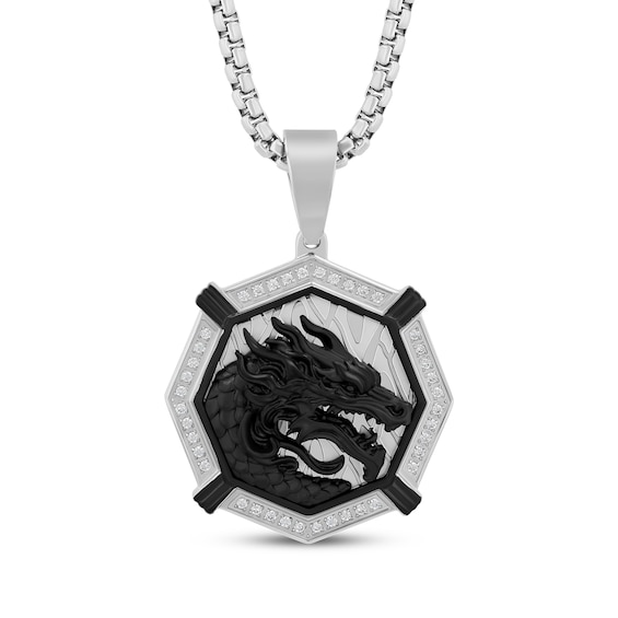 Men's Black Diamond Octagon Dragon Necklace 1/4 ct tw Stainless Steel & Black Ion Plating 24"