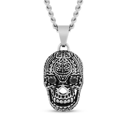 Men's Black Spinel Skull Necklace Stainless Steel & Black Ion Plating 24"