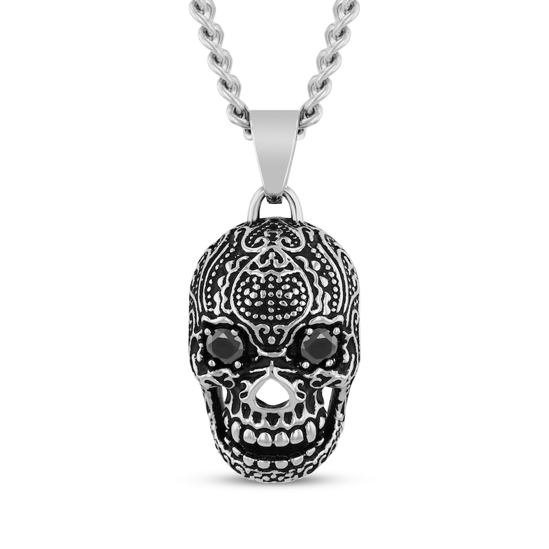 Main Image 1 of Men's Black Spinel Skull Necklace Stainless Steel & Black Ion Plating 24"