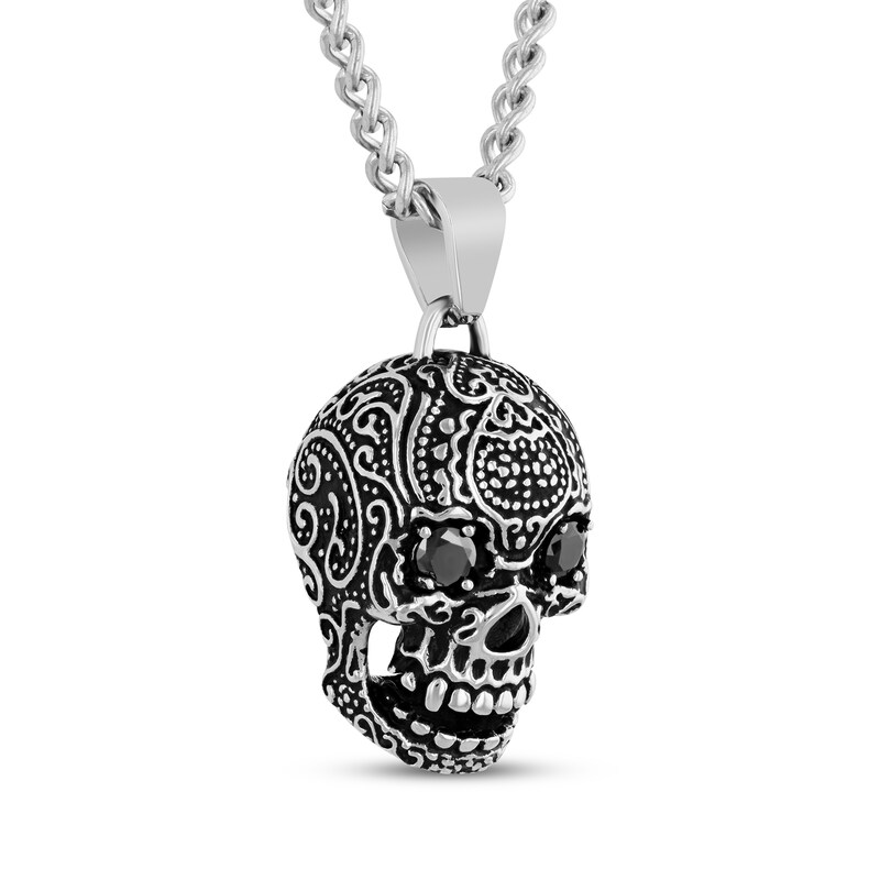 Main Image 2 of Men's Black Spinel Skull Necklace Stainless Steel & Black Ion Plating 24"