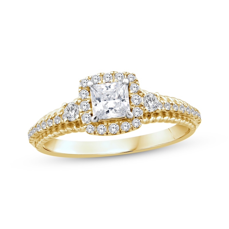 Main Image 1 of Threads of Love Princess-Cut Diamond Halo Engagement Ring 3/4 ct tw 14K Yellow Gold