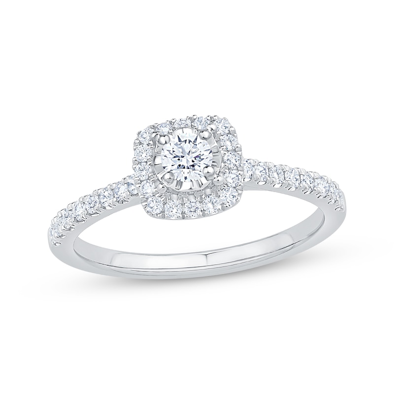 Main Image 1 of Adore Round-Cut Diamond Cushion Halo Engagement Ring 1/2 ct tw 14K White Gold