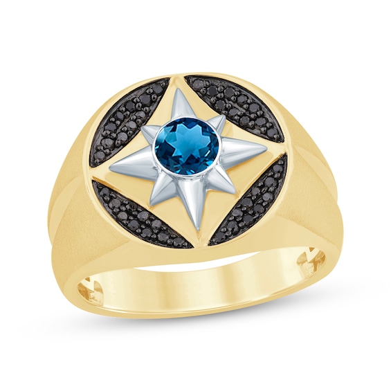 Men's London Blue Topaz & Black Diamond North Star Fashion Ring 1/4 ct tw 10K Yellow Gold