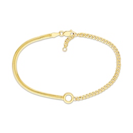 Herringbone & Curb Chain Bracelet with Circle Charm Hollow 14K Yellow Gold 7.5"