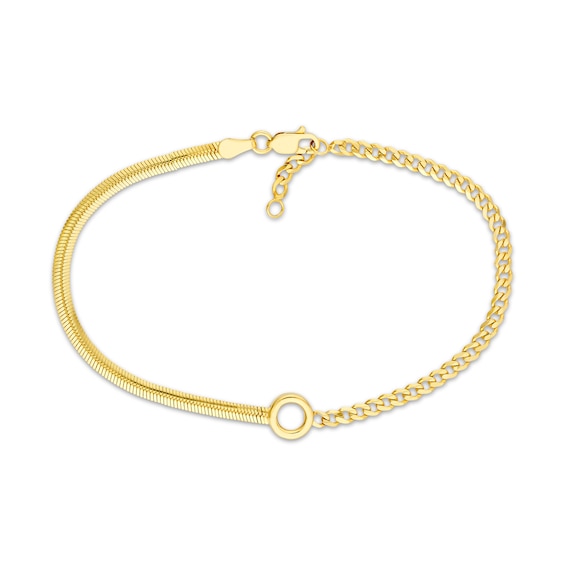 Herringbone & Curb Chain Bracelet with Circle Charm Hollow 14K Yellow Gold 7.5"
