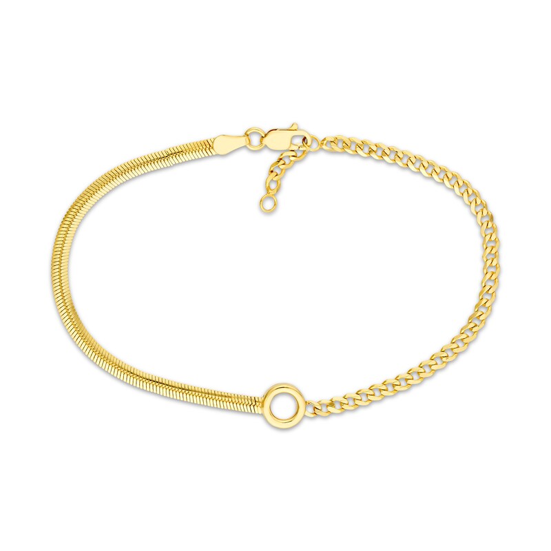 Main Image 1 of Herringbone & Curb Chain Bracelet with Circle Charm Hollow 14K Yellow Gold 7.5"