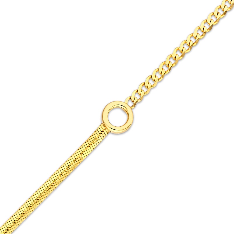 Main Image 2 of Herringbone & Curb Chain Bracelet with Circle Charm Hollow 14K Yellow Gold 7.5"