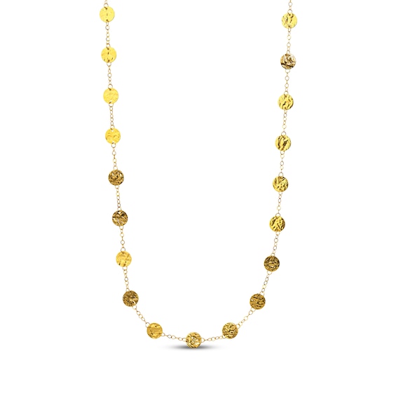 Hammered Disc Station Chain Necklace 14K Yellow Gold 36"