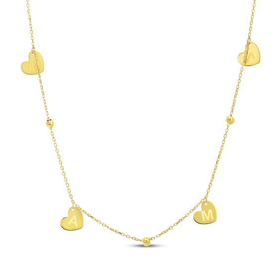 "Mama" Heart Dangle Bead Station Chain Necklace 14K Yellow Gold 18"