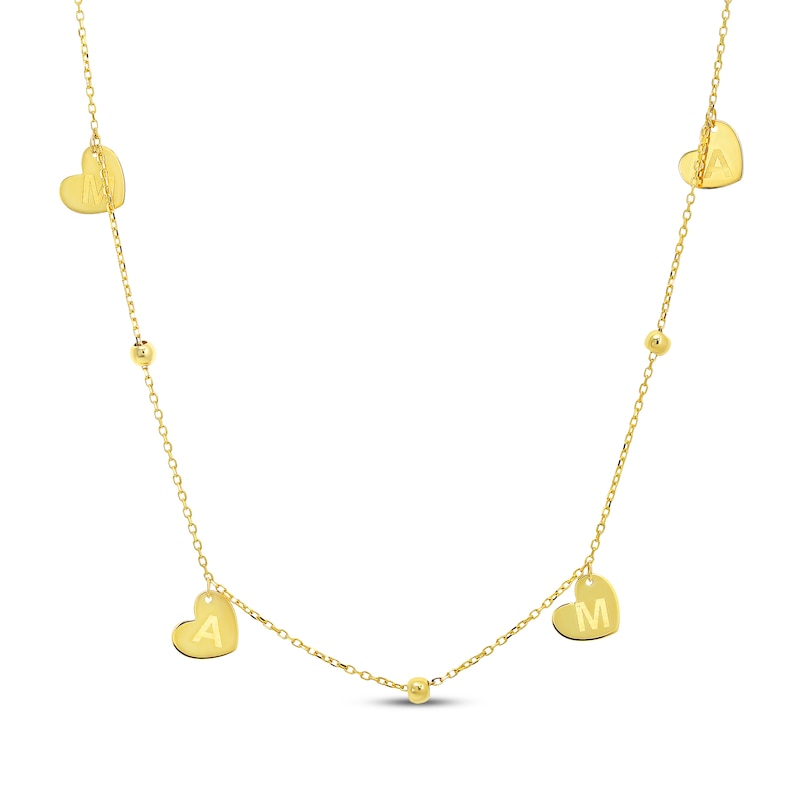 Main Image 1 of "Mama" Heart Dangle Bead Station Chain Necklace 14K Yellow Gold 18"