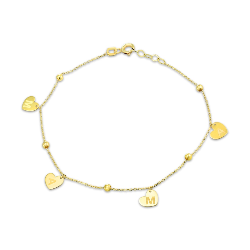 Main Image 1 of "Mama" Heart Dangle Station Chain Bracelet 14K Yellow Gold 7"