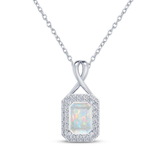 Octagon-Cut Lab-Created Opal & White Lab-Created Sapphire Necklace Sterling Silver 18"