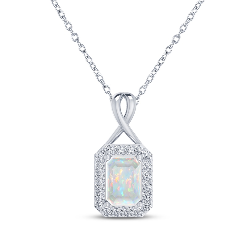 Main Image 1 of Octagon-Cut Lab-Created Opal & White Lab-Created Sapphire Necklace Sterling Silver 18"