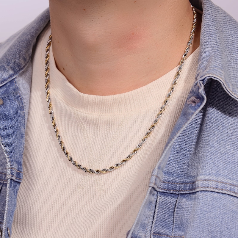 Main Image 4 of Rope Chain Necklace 3mm Yellow & White Ion-Plated Solid Stainless Steel 24"