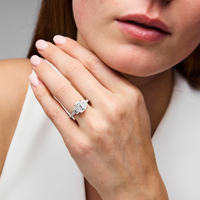 Main Image 4 of Neil Lane Artistry Emerald-Cut Lab-Grown Diamond Three-Stone Engagement Ring 3 ct tw 14K White Gold