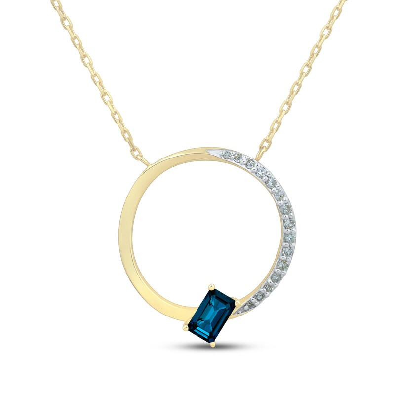 Main Image 1 of Emerald-Cut London Blue Topaz & Diamond Open Circle Necklace 1/10 ct tw 10K Yellow Gold 17"