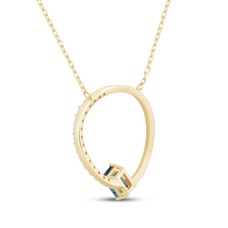 Main Image 3 of Emerald-Cut London Blue Topaz & Diamond Open Circle Necklace 1/10 ct tw 10K Yellow Gold 17"