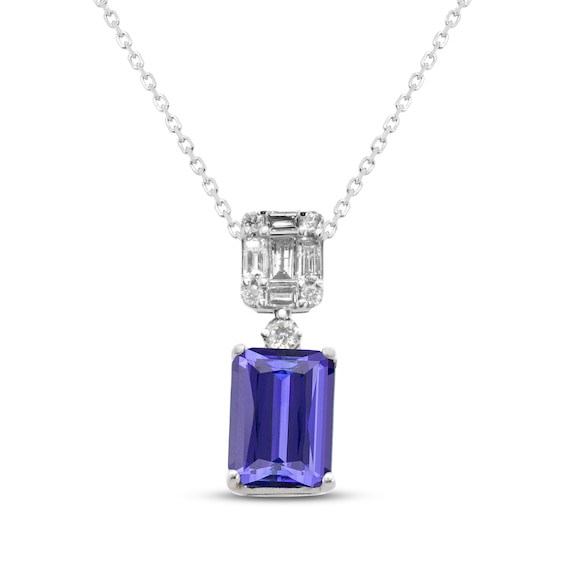 Emerald-Cut Tanzanite & Diamond Necklace 1/5 ct tw 14K White Gold 18"