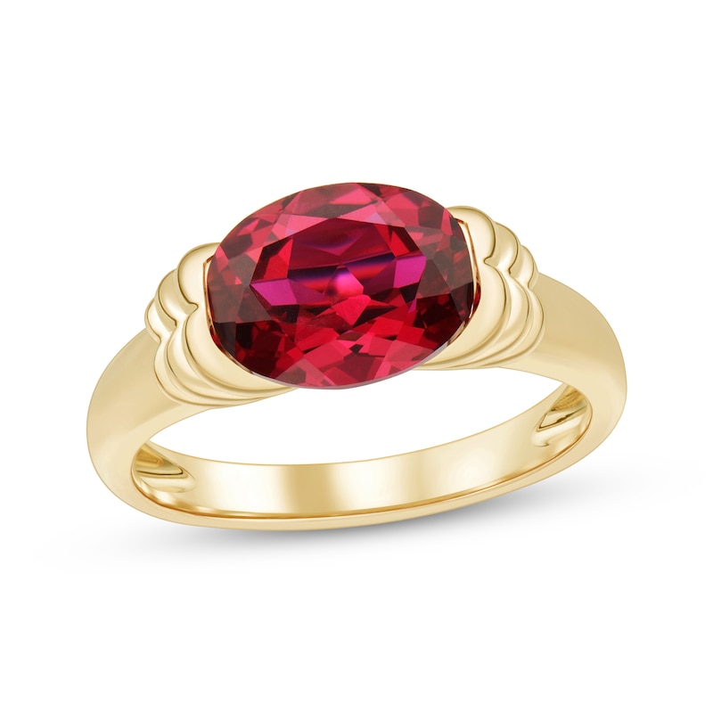 Main Image 1 of Oval-Cut Lab-Created Ruby Solitaire Signet Ring 10K Yellow Gold