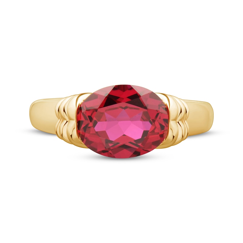 Main Image 3 of Oval-Cut Lab-Created Ruby Solitaire Signet Ring 10K Yellow Gold