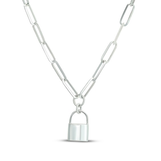 Lock Charm Paperclip Chain Necklace Sterling Silver 18"
