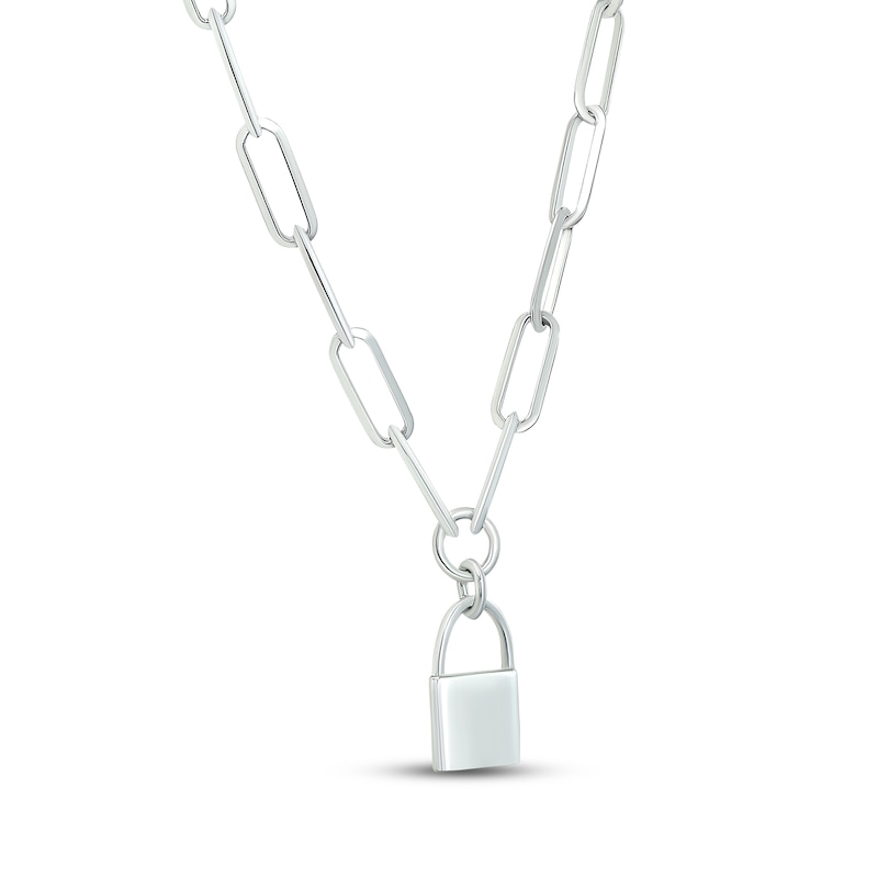 Main Image 2 of Lock Charm Paperclip Chain Necklace Sterling Silver 18"