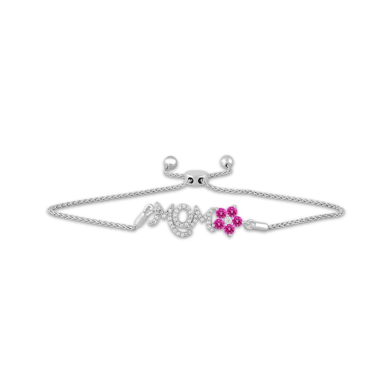 Main Image 1 of Pink & White Lab-Created Sapphire "Mom" Flower Bolo Bracelet Sterling Silver