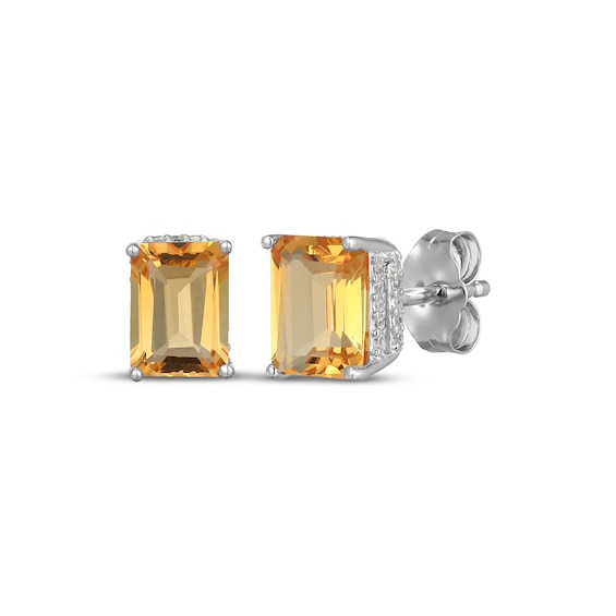 Emerald-Cut Citrine & White Lab-Created Sapphire Hidden Halo Stud Earrings Sterling Silver