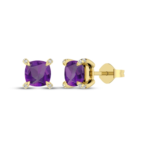 Cushion-Cut Amethyst & Diamond Accent Stud Earrings 10K Yellow Gold