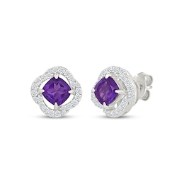 Cushion-Cut Amethyst & White Lab-Created Sapphire Swirl Halo Stud Earrings Sterling Silver