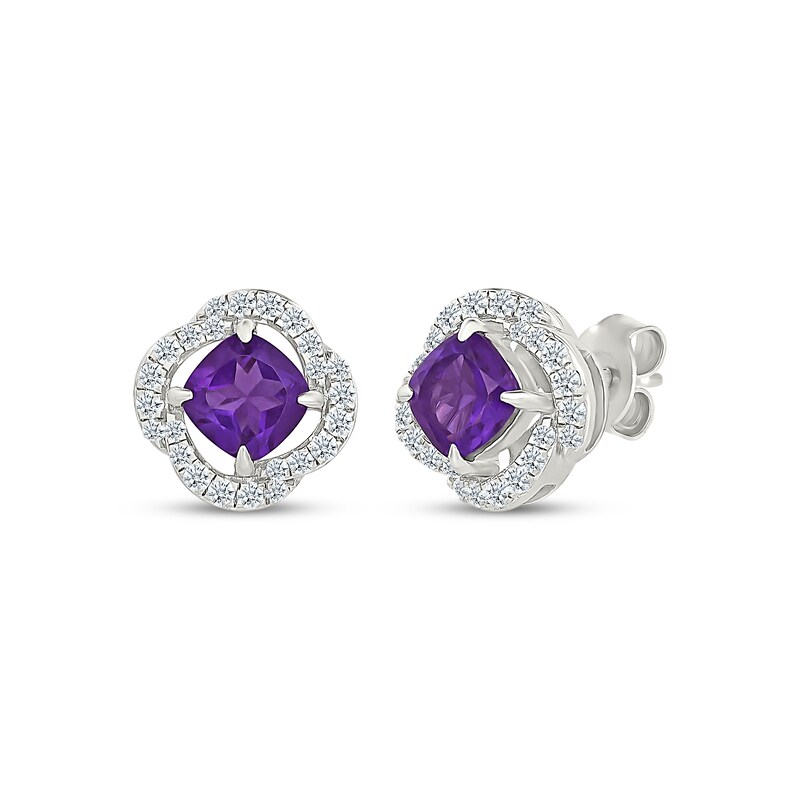 Main Image 1 of Cushion-Cut Amethyst & White Lab-Created Sapphire Swirl Halo Stud Earrings Sterling Silver