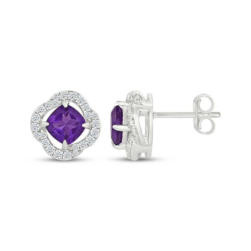 Main Image 3 of Cushion-Cut Amethyst & White Lab-Created Sapphire Swirl Halo Stud Earrings Sterling Silver