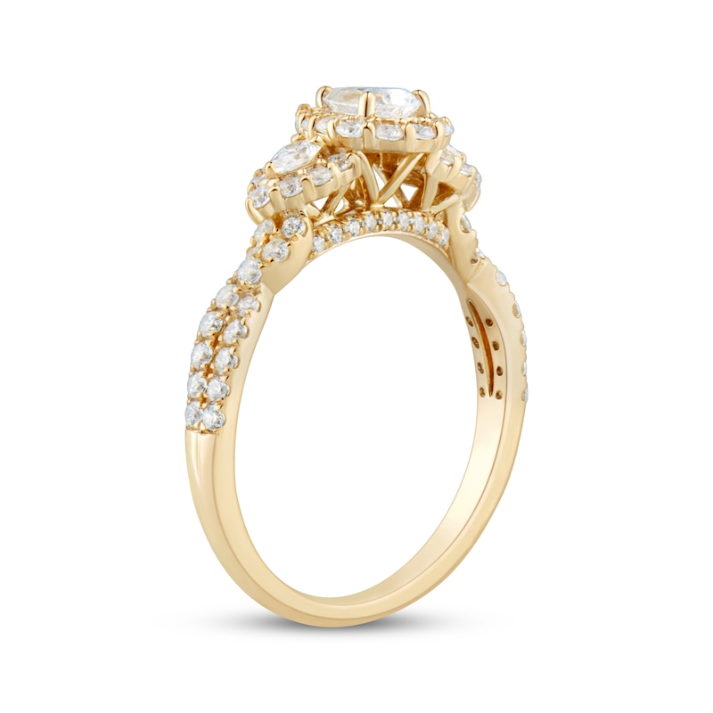 Main Image 2 of Adore Pear-Shaped Diamond Halo Three-Stone Engagement Ring 1 ct tw 14K Yellow Gold