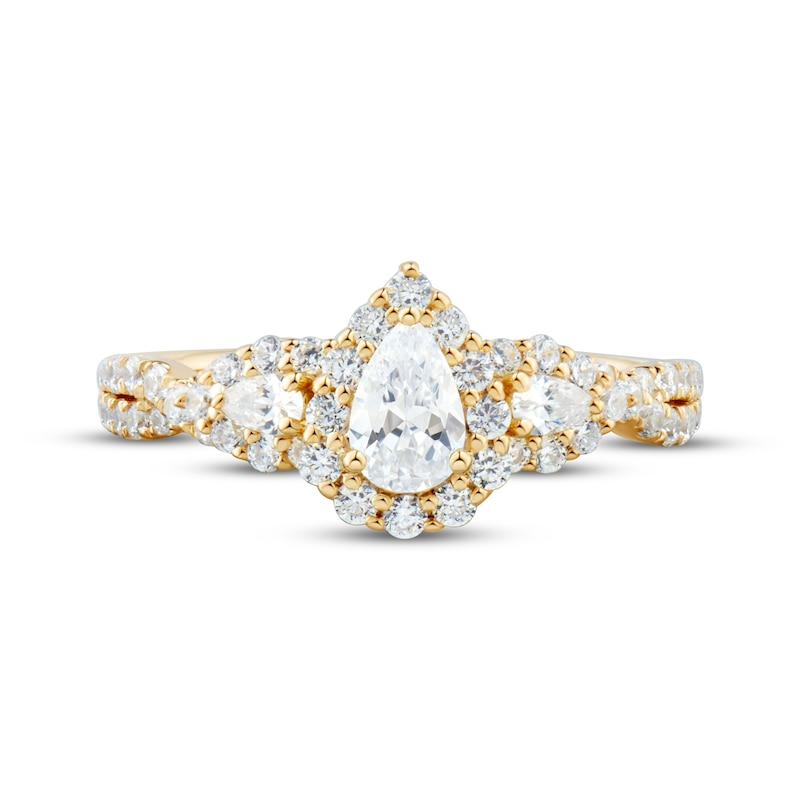 Main Image 3 of Adore Pear-Shaped Diamond Halo Three-Stone Engagement Ring 1 ct tw 14K Yellow Gold
