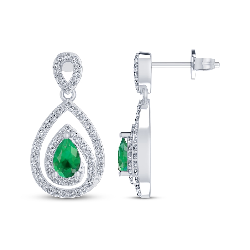 Main Image 1 of Pear-Shaped Lab-Created Emerald & White Lab-Created Sapphire Teardrop Dangle Earrings Sterling Silver