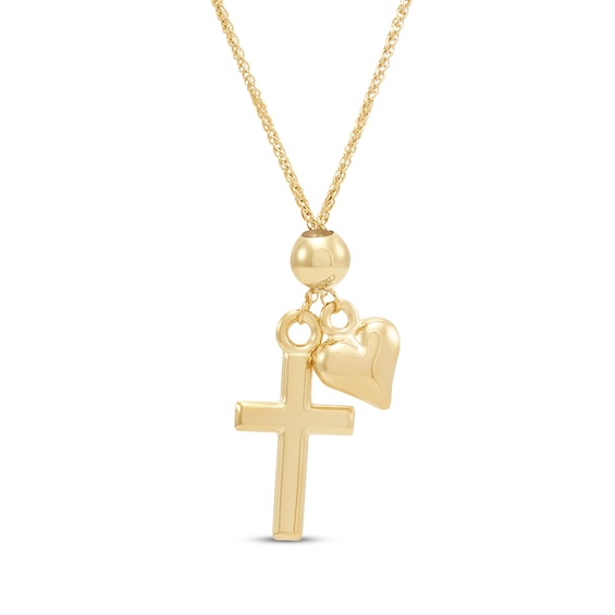 Cross & Heart Charm Necklace 10K Yellow Gold 18"