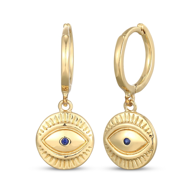 Main Image 1 of Blue Lab-Created Sapphire Evil Eye Dangle Hoop Earrings 24K Yellow Gold Vermeil Sterling Silver