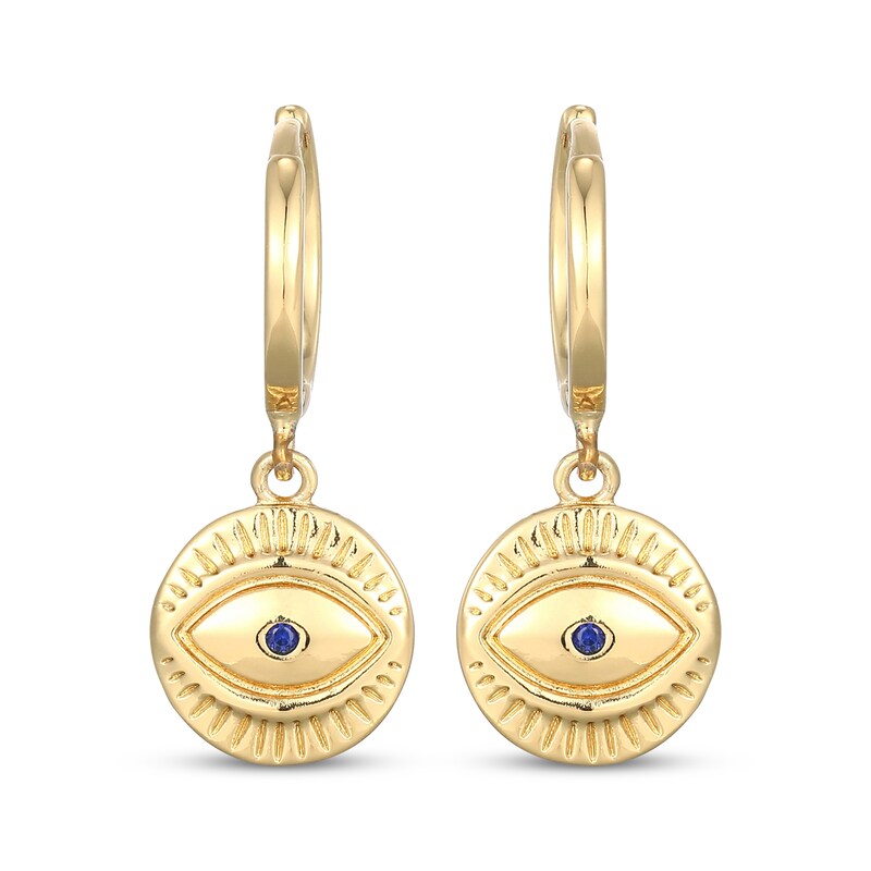 Main Image 2 of Blue Lab-Created Sapphire Evil Eye Dangle Hoop Earrings 24K Yellow Gold Vermeil Sterling Silver