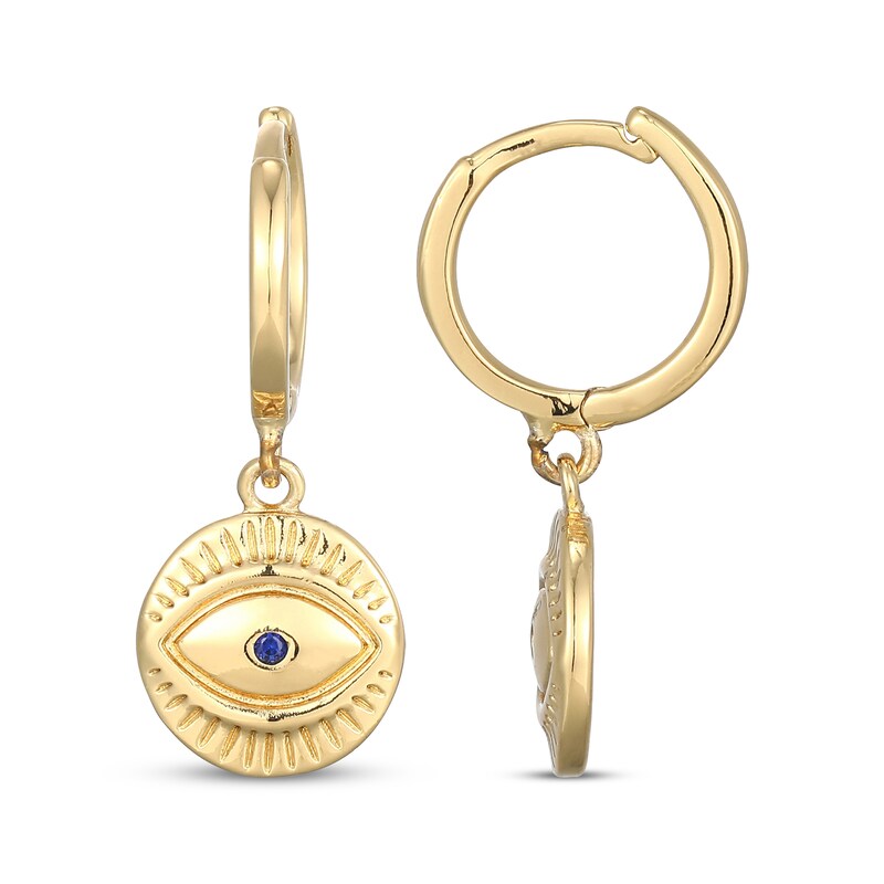 Main Image 3 of Blue Lab-Created Sapphire Evil Eye Dangle Hoop Earrings 24K Yellow Gold Vermeil Sterling Silver