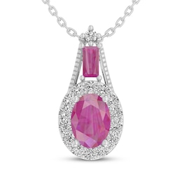 Oval & Baguette-Cut Pink Lab-Created Sapphire, White Lab-Created Sapphire Halo Necklace Sterling Silver 18"