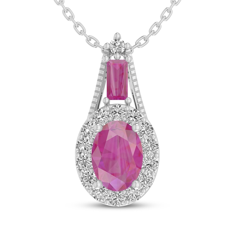 Main Image 1 of Oval & Baguette-Cut Pink Lab-Created Sapphire, White Lab-Created Sapphire Halo Necklace Sterling Silver 18"