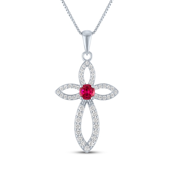Lab-Created Ruby & White Lab-Created Sapphire Cross Necklace Sterling Silver 18"