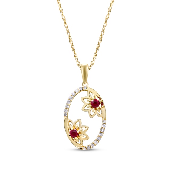 Certified Natural Ruby & Diamond Oval Flower Frame Necklace 1/6 ct tw 10K Yellow Gold 18"