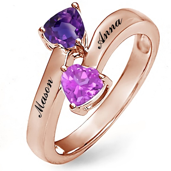 Heart Birthstone Bypass Couple's Ring (2 Stones and Lines)