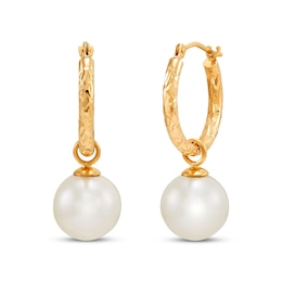 Cultured Pearl Diamond-Cut Hoop Dangle Earrings 10K Yellow Gold