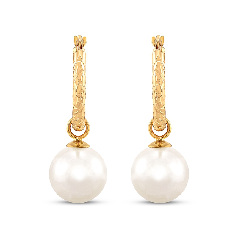 Main Image 2 of Cultured Pearl Diamond-Cut Hoop Dangle Earrings 10K Yellow Gold